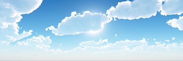 Céu azul com nuvens e sol. Ilustração 3D render