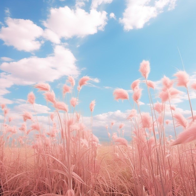 Foto céu azul com nuvens suaves sobre campos e flores em tons rosa suave fundo de natureza bonita