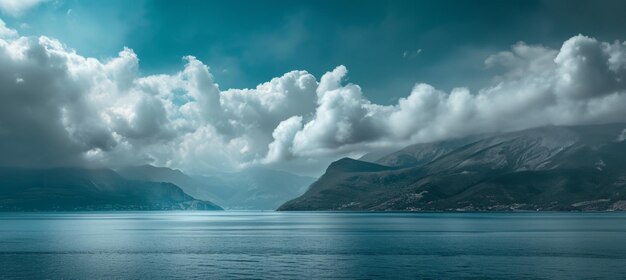 Céu azul com paisagem de montanha e mar calmo