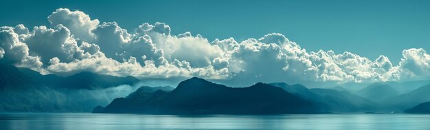 Céu azul com paisagem de montanha e mar calmo