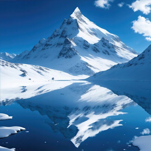 Céu azul da montanha coberta de neve com reflexo na falta de paisagem fotorrealista deslumbrante