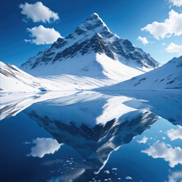 Céu azul da montanha coberta de neve com reflexo na falta de paisagem fotorrealista deslumbrante