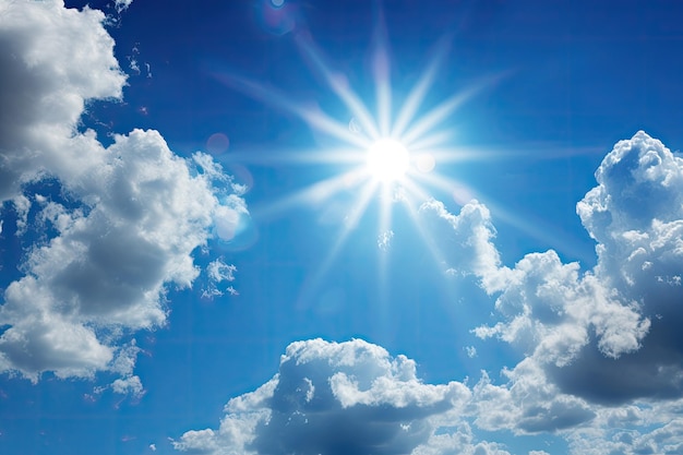 Céu azul de fundo de dia ensolarado com nuvens cumulus e sol de verão ou primavera como fundo natural
