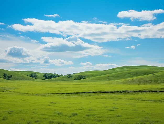 Céu azul e nuvens brancas sobre a pastagem