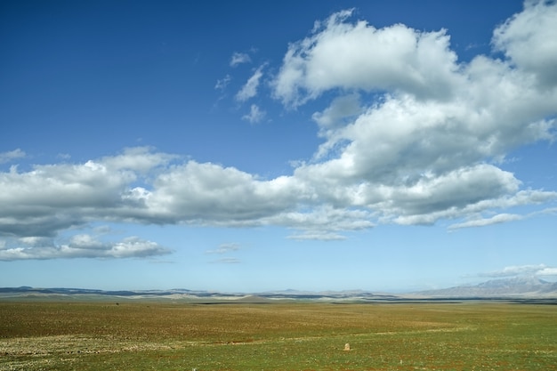 Céu azul e nuvens de flutuação sobre o campo de grama.
