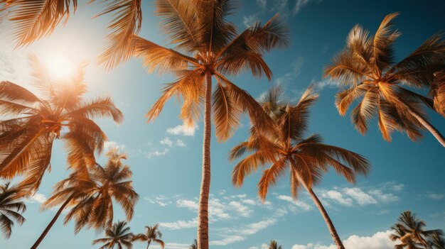 Céu azul e palmeiras vista abaixo da praia tropical e fundo de verão