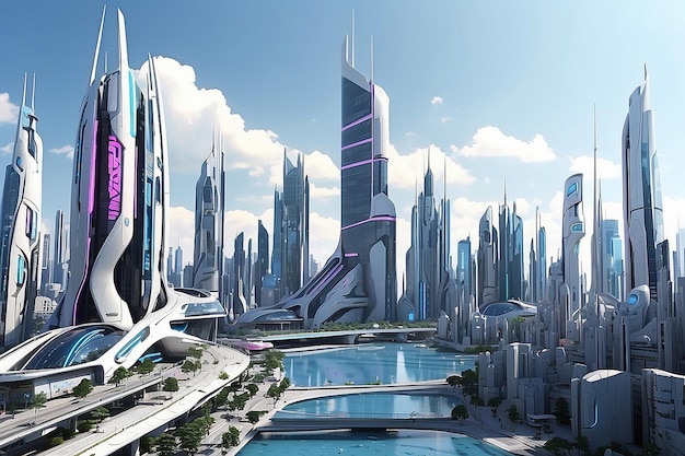 céu azul escuro renderização futurista construção de cidade megacidade cyberpunk scifi ilustração 3D