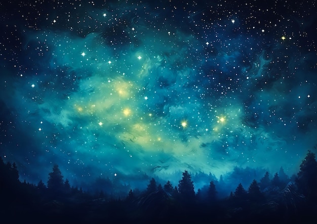 céu azul estrelas árvores fundo cabeçalho estrela brilhando espalhadas sobre grandes janelas floresta noite