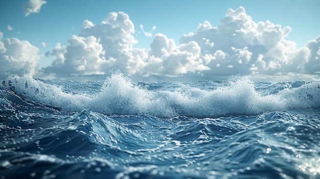 Céu azul nublado com ondas de mar espumosas rolando contra ele