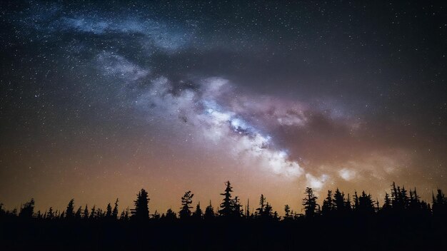 Céu cheio de estrelas e silhuetas de árvores abaixo