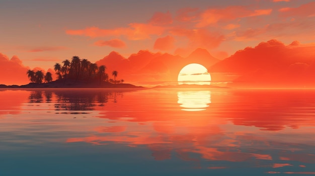 Céu colorido ao pôr-do-sol sobre uma ilha tropical paradísia
