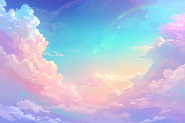 Céu colorido com nuvens suaves e um arco-íris