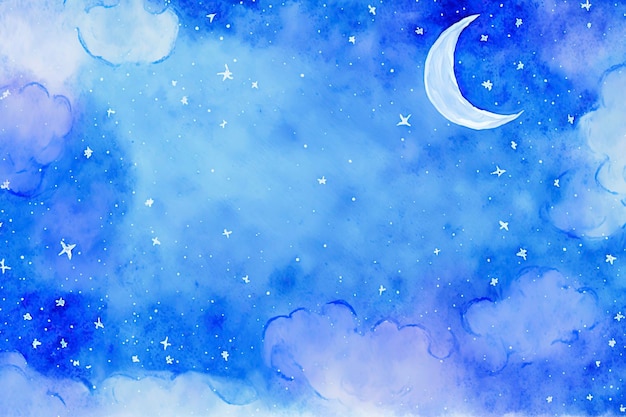 Céu com estrelas e lua, aquarela