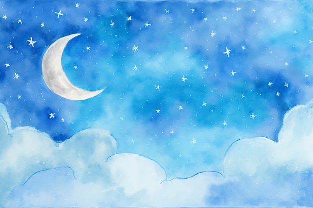 Céu com estrelas e lua, aquarela