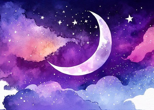 Céu com estrelas e lua, aquarela
