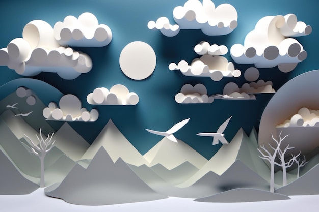 Céu com fundo de montanha e balão de ar em artesanato de papel