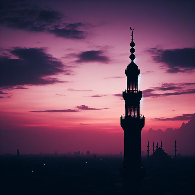 Céu crepúsculo Silhueta de um minarete evocando a chamada à oração