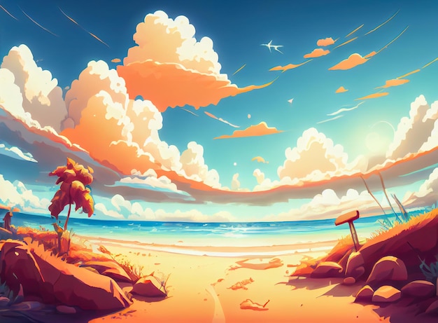 Céu de anime com nuvens sobre ilustração de praia de areia Generative AI