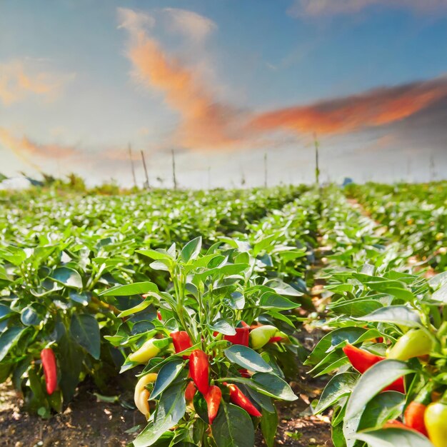 Céu de fogo sobre a fazenda de pimenta ao pôr-do-sol