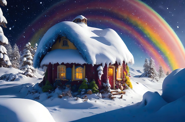 Céu de inverno multicolorido sobre paisagem de neve com casa de cogumelo hobbit