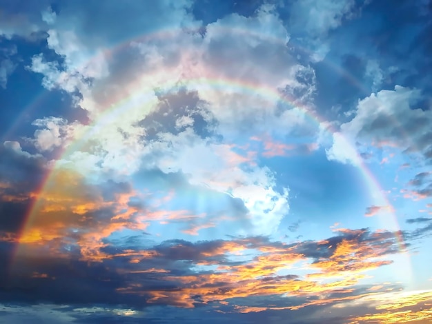 céu dramático colorido do arco-íris e céu nublado azul do por do sol do wehite