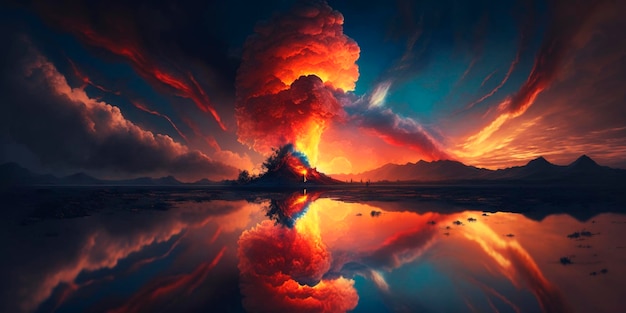 Céu dramático com pôr do sol ardente e ilustração gerada por IA de nuvens laranja
