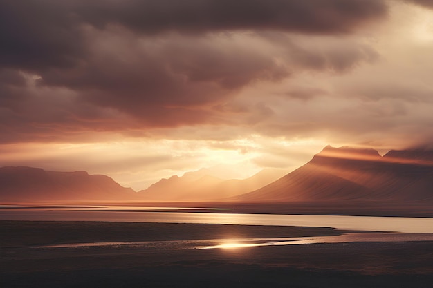 Céu e Montanhas na Islândia no Estilo da Arte Maroon Leve