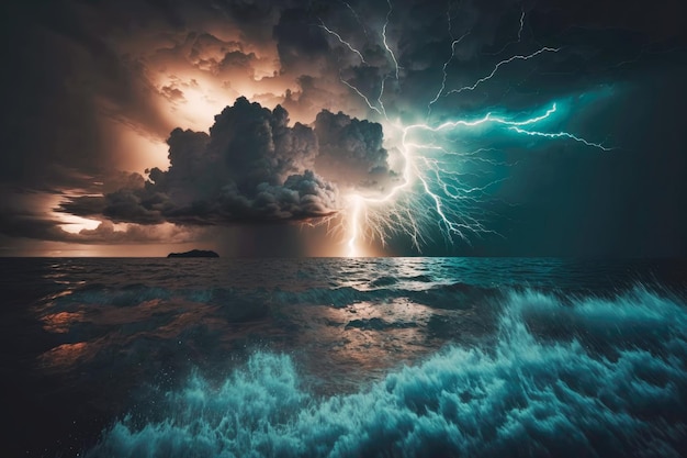 Céu escuro com tempestade dramática sobre o mar saltando com flashes de raios generativos ai