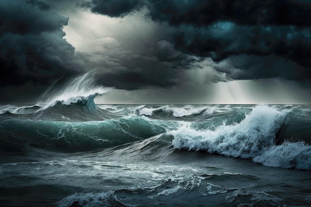 Céu escuro durante a chuva e vento forte sobre o mar com ondas dramáticas de trovoada generativa ai