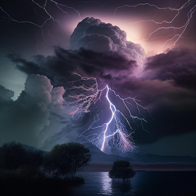 Céu escuro e tempestuoso, nuvens, relâmpagos, bela paisagem natural assustadora incomum