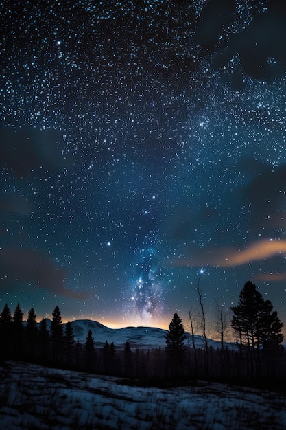 Céu estrelado com a Via Láctea e paisagem montanhosa à noite criada usando tecnologia de IA generativa