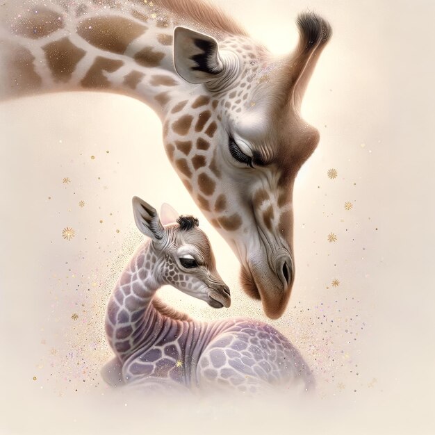 Céu estrelado com o amor da mãe girafa