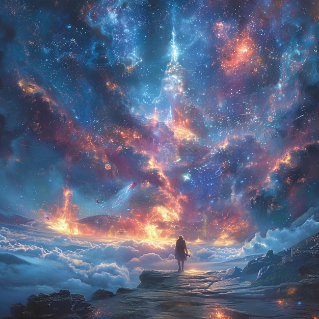 céu estrelado com uma pessoa solitária de pé em uma rocha generativa ai