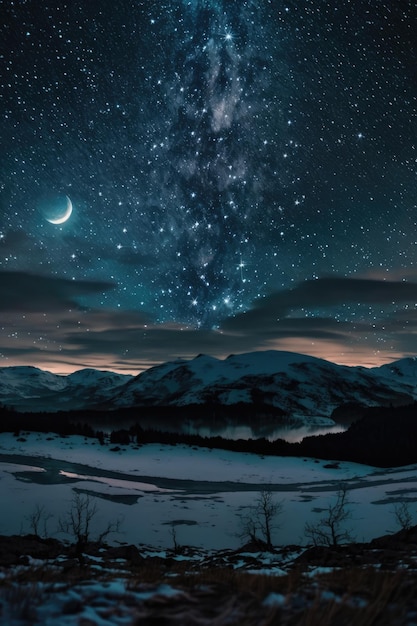 Céu estrelado e lua sobre a paisagem de montanhas à noite criada usando tecnologia de IA generativa