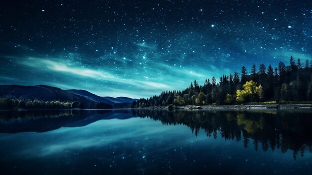Céu estrelado em reflexos do lago fundo