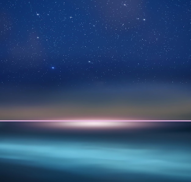 céu estrelado lua azul nebulosa reflexão na água do mar bela paisagem marinha via láctea universo