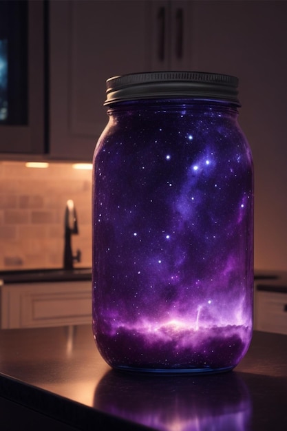 Céu estrelado noturno em jarra de vidro na mesa da cozinha Conceito de viagem espacial