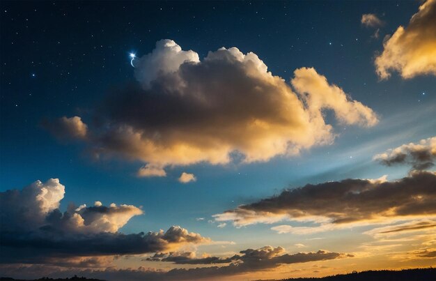 Céu etéreo pintado em tons amarelos e azuis salpicado de estrelas