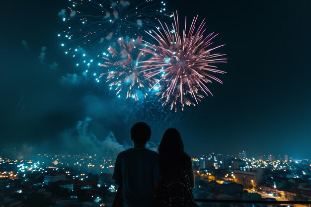 Céu festivo com fogos de artifício e bandeira americana Dia da Independência