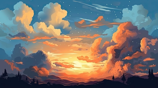 Céu ilustrado com nuvens sol estrelas e nascer ou pôr do sol Desenho digital artístico Atmosférico e onírico Generative AI