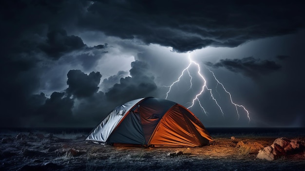 Céu incrível com relâmpagos e acampamento de tendas conceito de turismo de perigo