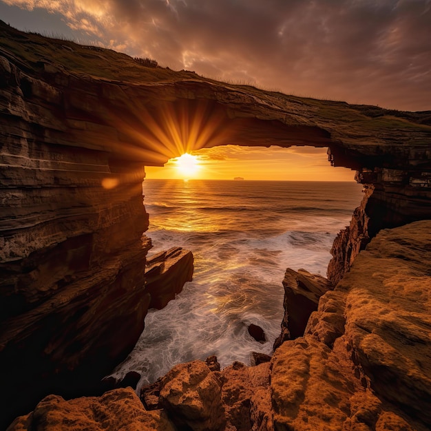 Céu laranja sobre o penhasco do arco ao pôr-do-sol Uma visão épica da natureza e da paisagem