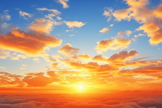 Foto céu matinal de fundo com nascer do sol laranja colorido e nuvens fofinhas