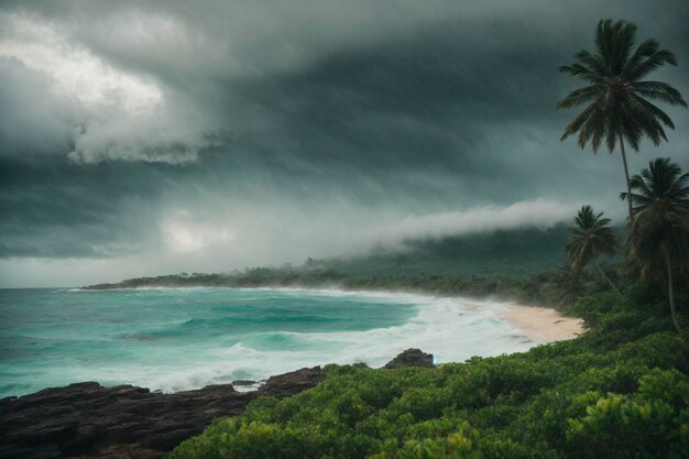 Foto céu matinal tempestuoso bela paisagem com uma costa oceânica tropical gerada pela ia