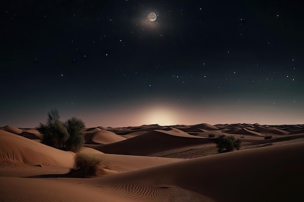 Céu noturno cheio de estrelas e lua sobre oásis deserto criado com IA generativa