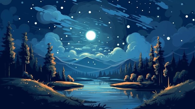 Foto céu noturno claro com luar e estrelas em estilo cartoon