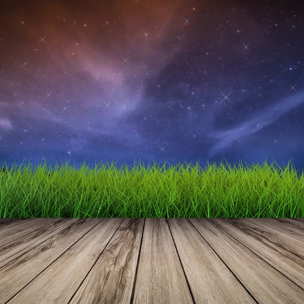 Foto céu noturno com estrelas brilhantes com grama verde e piso de madeira