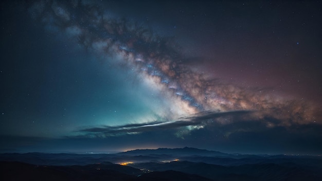 Céu noturno com estrelas e a Via Láctea acima das nuvens