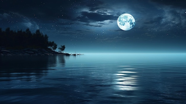 Céu noturno com lua cheia e estrelas sobre a água generativa ai