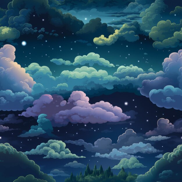 Cidade Noturna De Arte Pixel Com Nuvens Do Céu Paisagem Estrelas